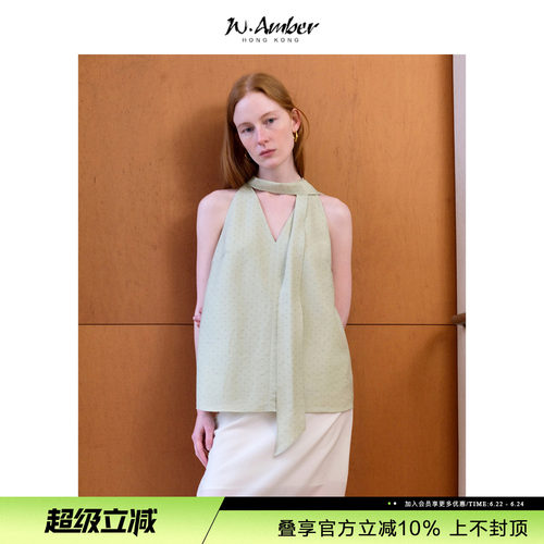 W.Amber法式醋酸飘带无袖衬衫女2026夏季新款度假风波点挂脖上衣