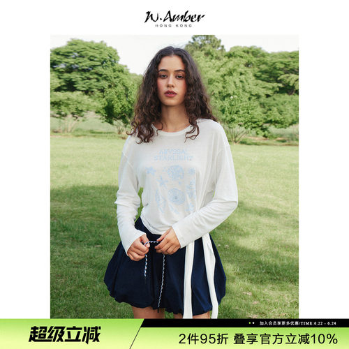 W.Amber亚麻莱赛尔十字绣系带长袖T恤女2026夏季新款宽松圆领上衣