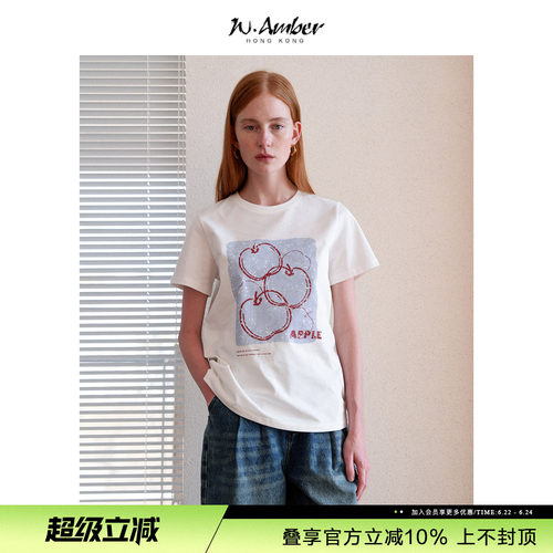 W.Amber长绒棉苹果印花T恤女2026夏季新款宽松休闲正肩短袖上衣