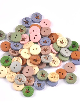 15mm2孔彩色带字Handmade手工服装缝纫纽扣DIY木质装饰扣子50个