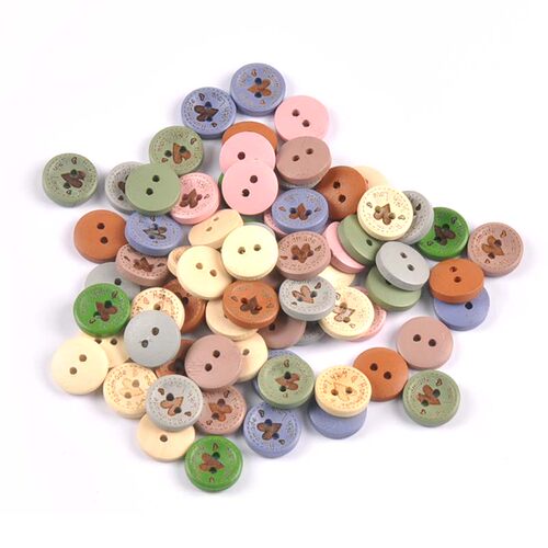 15mm2孔彩色带字Handmade手工服装缝纫纽扣DIY木质装饰扣子50个