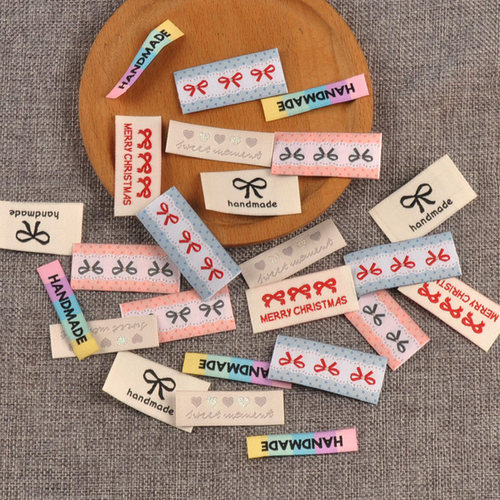 蝴蝶结图案标签服装领标手工制作折边布标DIY布贴服饰标签30个