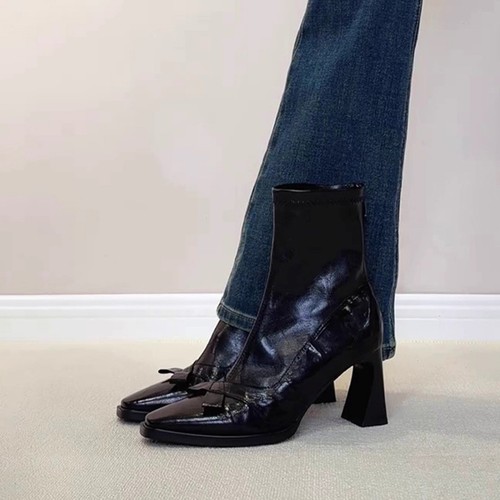 羊皮版~复古蝴蝶结小方头短靴女