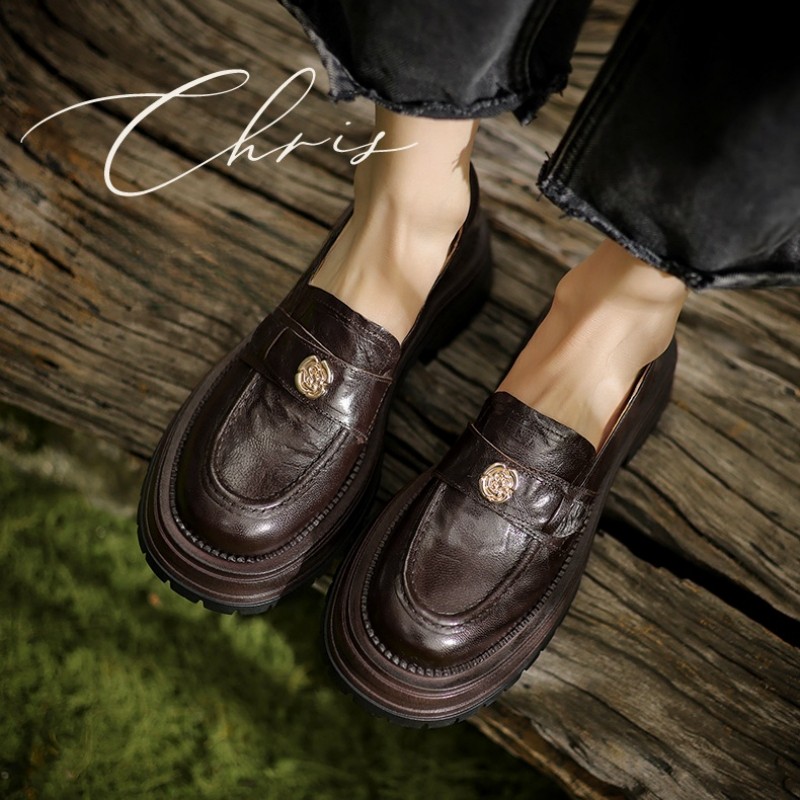 牛皮版~法式山茶花厚底单鞋女2025新款英伦风真皮百搭软底乐福鞋,女鞋,乐福鞋（豆豆鞋）,淘宝优惠券,粉丝福利购,淘宝优惠卷