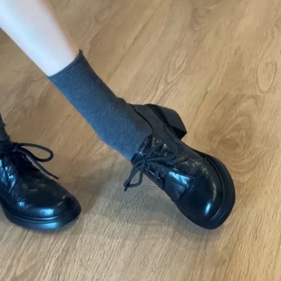 女小皮鞋 女厚底5cm黑色粗跟系带乐福鞋 学院风 圆头百搭单鞋 羊皮版