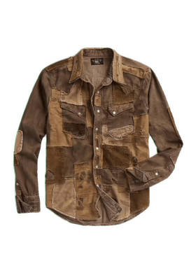 现货复刻RRL百家布棕色重水洗现货衬衫休闲宽松长袖做旧男装衬衫