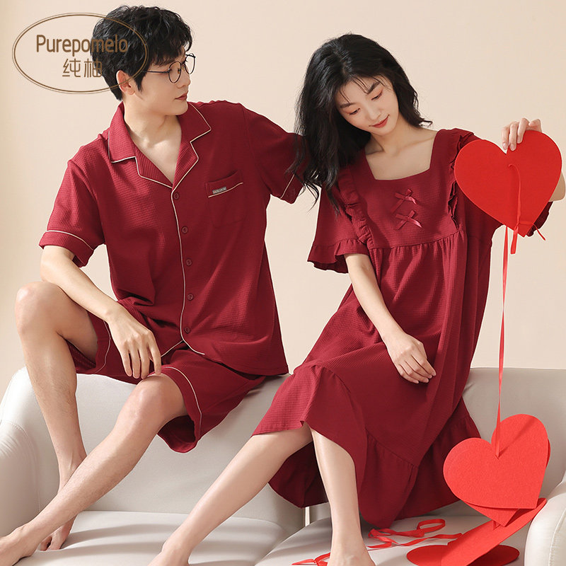 情侣睡衣结婚新婚套装夏季纯棉短袖本命年酒红色公主风男女家居服