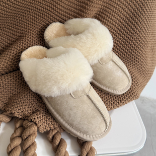 千颂伊同款包头拖女皮毛一体2025新款防水皮面羊毛平底毛毛拖鞋