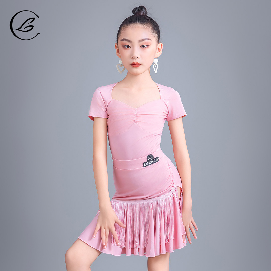 乐雅池2025夏季新款拉丁舞蹈服装儿童女纯色练功服舞蹈服甜美粉色