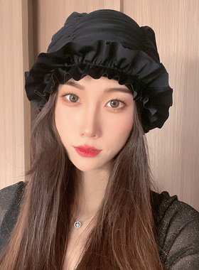 新款加大号游泳帽女士长发不勒头显脸小护耳舒适纯黑色成人泡温泉