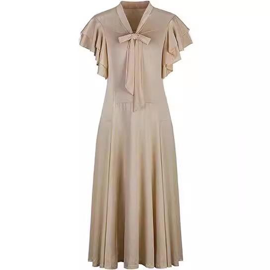 源头蝴女式复古20世纪领长款斜切无袖带蝴蝶袖蝶结V飞来波连衣裙