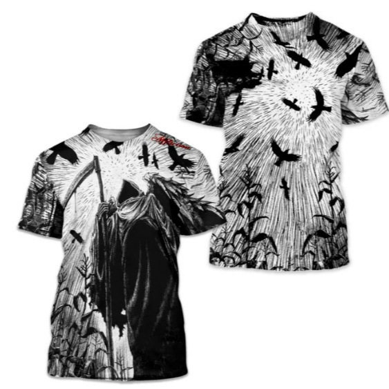 Colisson Affliction 复古万圣节T恤男式 3D印花骷髅恐怖短袖服装
