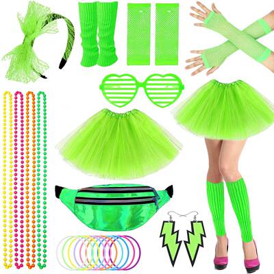 1980s舞会聚会派对霓虹色发箍头带耳环鱼网手套腿暖套tutu裙套装
