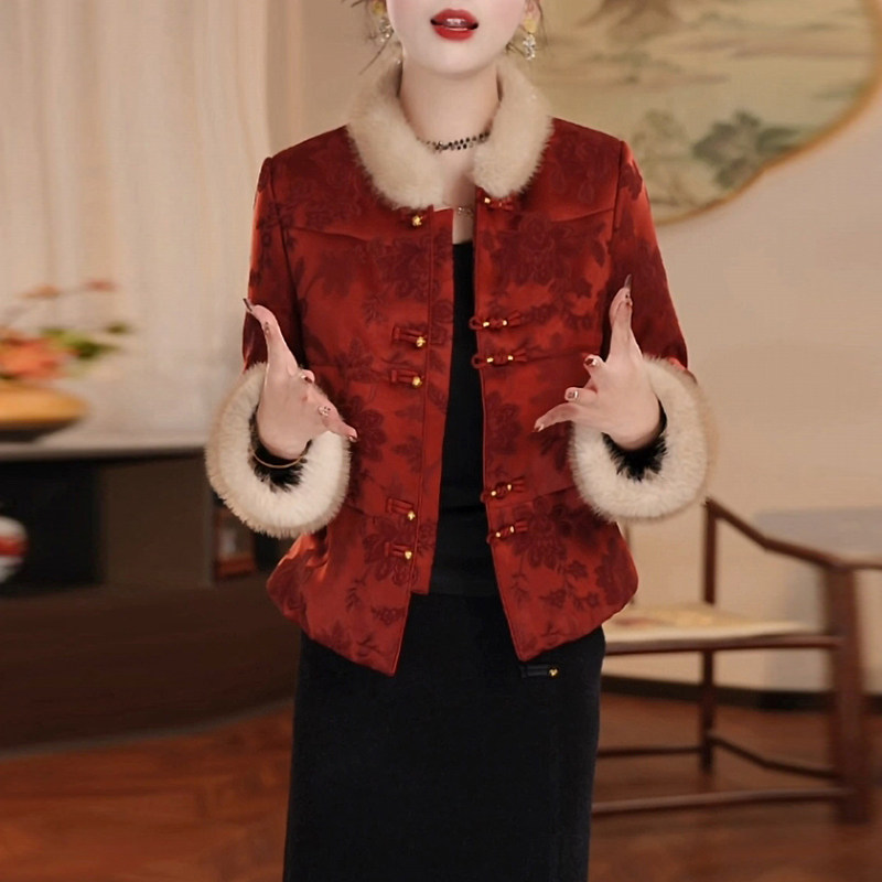 提花缎中式红色加厚短款棉衣外套2025冬季新款新年穿搭小个子棉袄