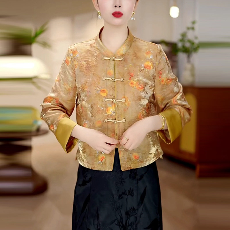 云锦缎国风古韵复古气质短款外套女春秋新款洋气减龄宽松遮肉上衣