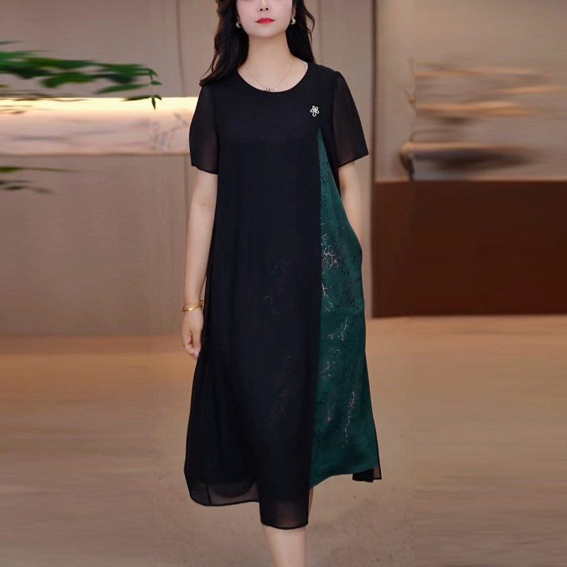 冰竹丝短袖假两件连衣裙子夏季新款气质减龄遮肉显瘦漂亮出片衣服