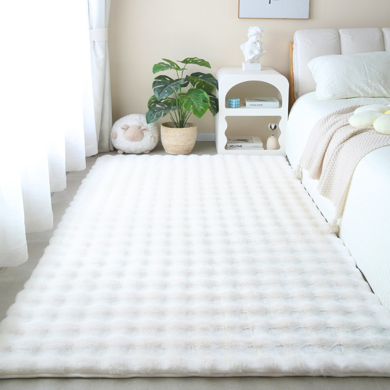 ins仿兔毛床边毯奶油色卧室2023新款高端地毯房间毛绒垫子床边垫