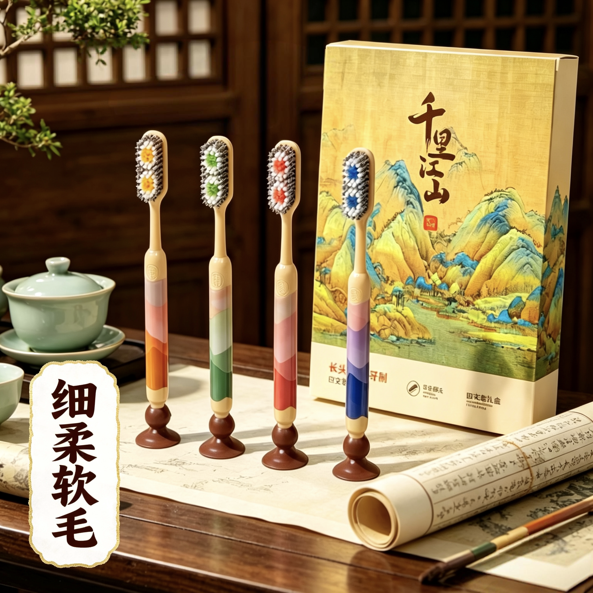 高端长头牙刷软毛成人4支礼盒装千里江山带吸盘家庭装细软毛牙刷
