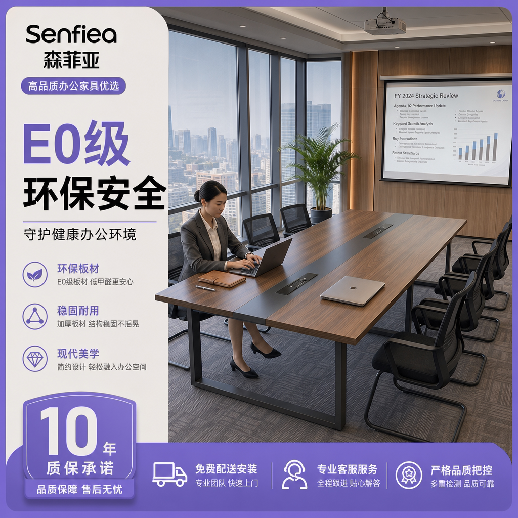 森菲亚长条形环保板材钢架会议桌