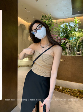 HEBEN MODE“撞色明显毛边”设计感抹胸上衣女黑色裹胸外穿背心夏