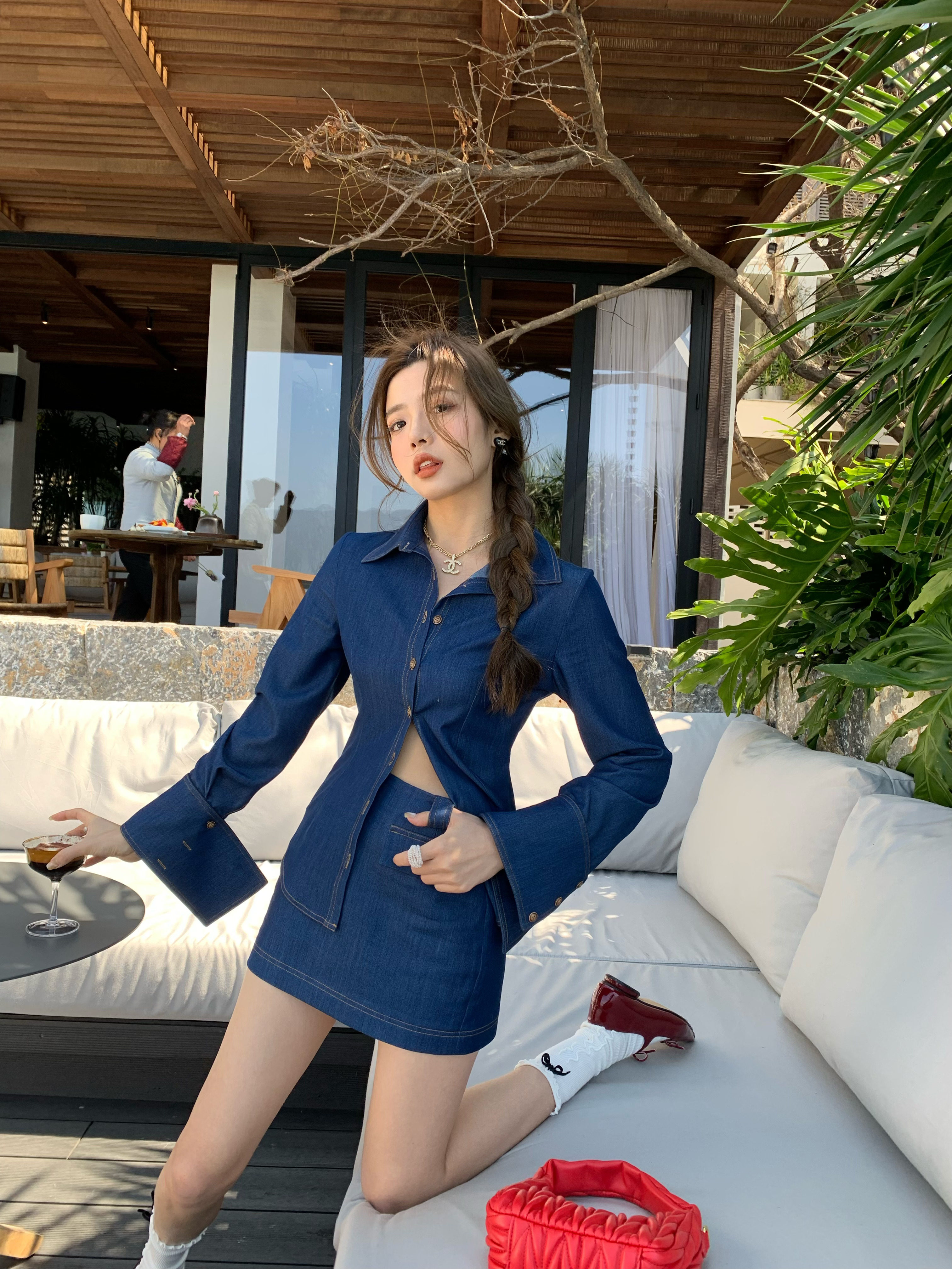 HEBEN MODE 博主特调 设计感修身收腰衬衫女春季宽边袖口长袖衬衣