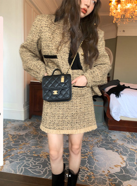 HEBEN MODE【南洋小姐】编织感拼接天鹅绒小香风外套流苏半裙套装