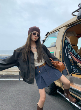 HEBEN MODE 作弊大长腿高腰短裙半身裙女春秋a字裙仿牛仔面料裙裤