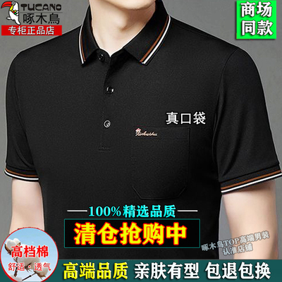 正品啄木鸟高档新款真口袋短袖t恤男士中年翻领纯棉爸爸装POLO衫