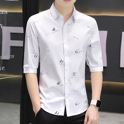 七分衬衫男冰丝短袖修身流行尖领