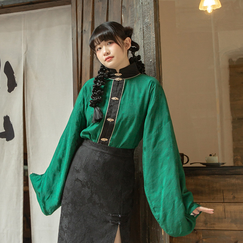 太真tell the truth 【山田花果】原创小众汉服立领对襟短袄绿色