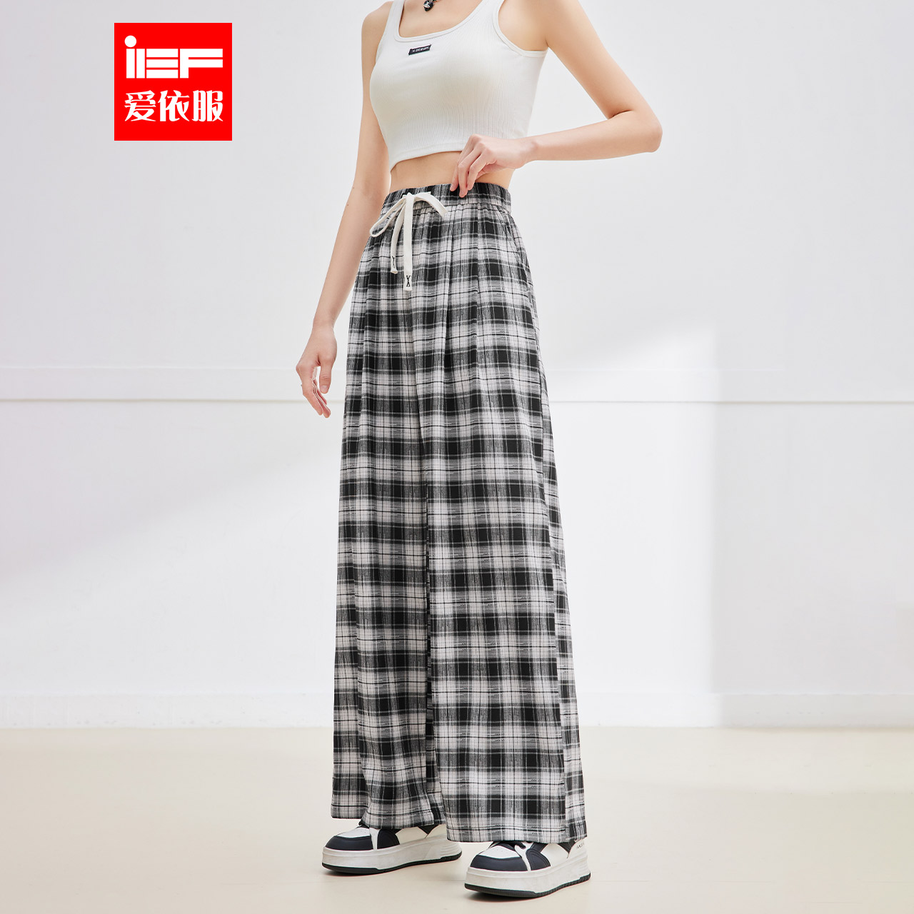 IEF/爱依服裤子2025夏季新款韩版时尚通勤休闲风格子显瘦阔腿裤
