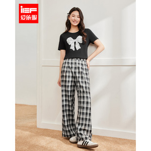 新款 爱依服 微胖 大码 IEF 韩版 2025夏季 女装 休闲通勤格子阔腿裤