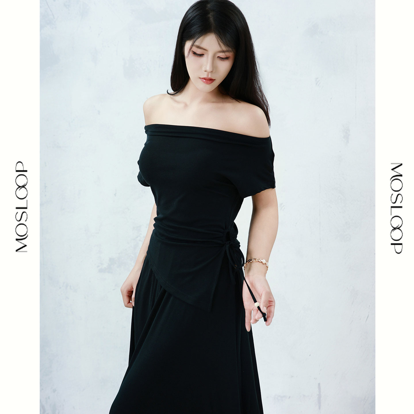 MOSLOOP 一字领天丝针织套头上衣+松紧腰中长半裙女套装夏季