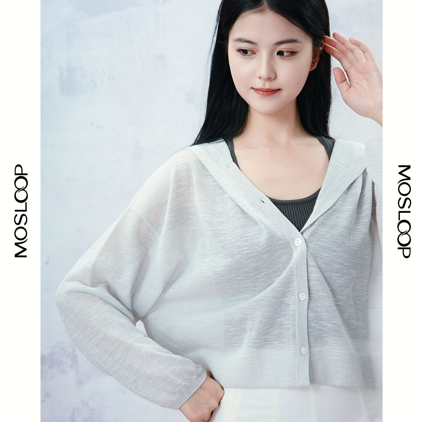 MOSLOOP夏季新款天丝苎麻连帽针织开衫女宽松显瘦百搭上衣