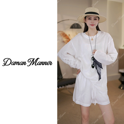 DAMAN  亚麻针织镂空上衣设计师款＋短裤时尚夏季宽松套装DM25278