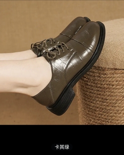 新款真皮女鞋2024春秋新款简约舒适卡其绿休闲乐福懒人一脚蹬皮鞋