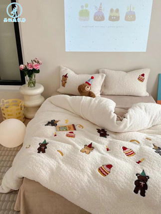 A类卡通儿童冬季加厚羊羔绒四件套小熊牛奶绒被套1.35m宿舍三件套