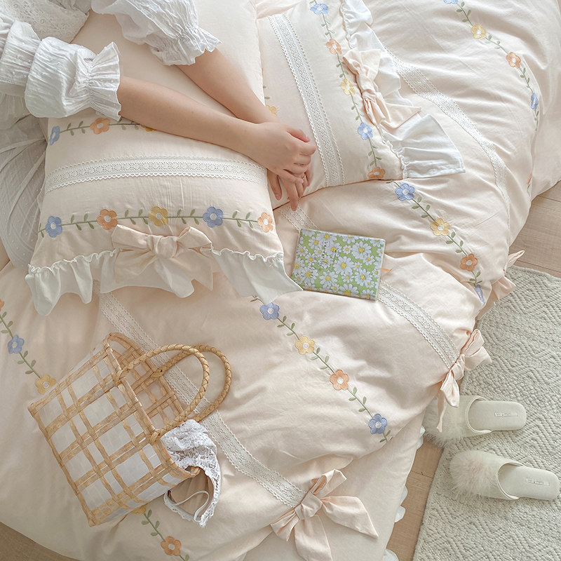 韩版少女心水洗棉刺绣四件套仙女公主风被套床单柔软四季床上用品