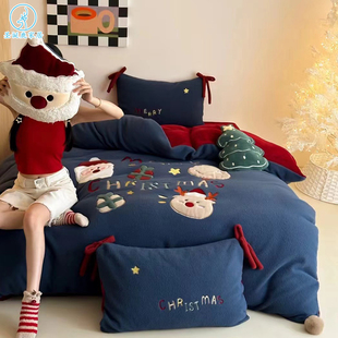 冬季卡通圣诞老人加厚仿羊绒四件套少女心保暖牛奶绒被套床上用品