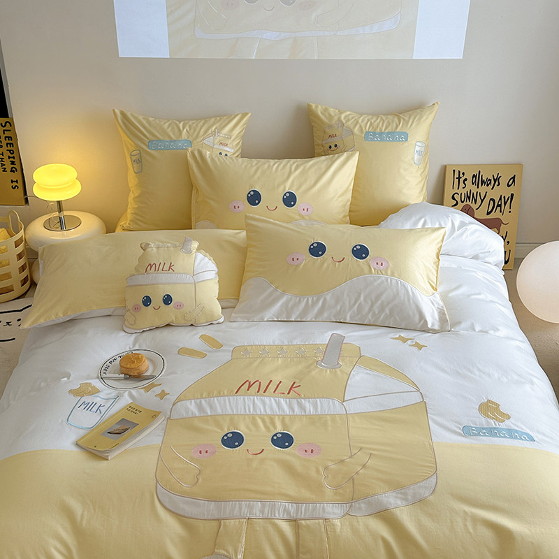 卡通儿童100支全棉长绒棉四件套可爱泡泡牛奶纯棉被套1.8用品