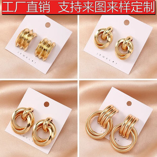 亚马逊新款欧美风耳钉厚重金色耳环多层几何悬垂耳环饰品跨境