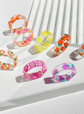 韩之尚亚马逊新款关节戒指女欧美跨境创意个性夏季水果树脂戒指