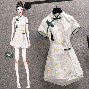 2023夏季新款胖mm大码女装时髦复古改良旗袍上衣短裤套装女