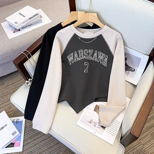 女装 T恤上衣潮 微胖mm休闲拼接链条字母印花长袖 大码 2023春季 新款