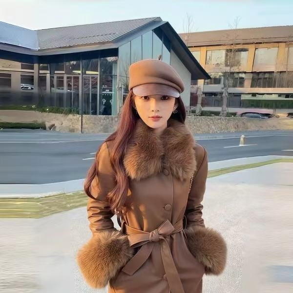 今年流行爆款大毛领皮衣女款中长款2025冬季新款收腰绑带大衣外套