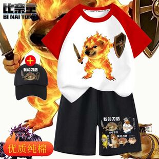新品冰晶火焰恶魔领主刀盾狗卡通插肩短袖T恤夏季男童纯棉套装潮