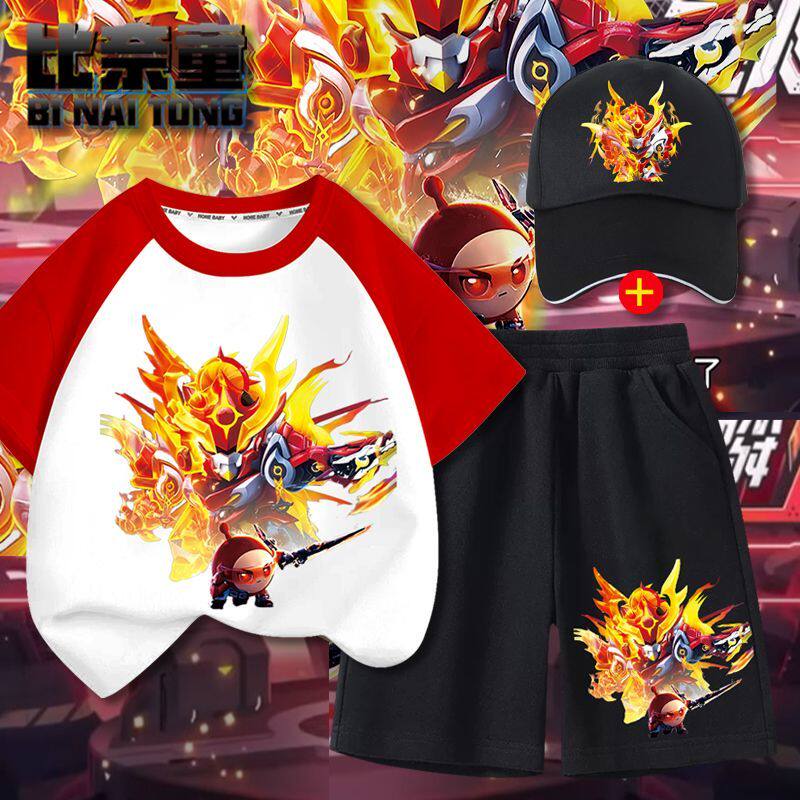 2026蛋仔派对天火麒麟机甲卡通儿童纯棉插肩短袖短裤套装夏季衣服