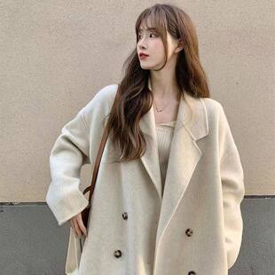 白色呢子大衣女2025秋冬新款双排扣中长款加厚慵懒小个子毛呢外套