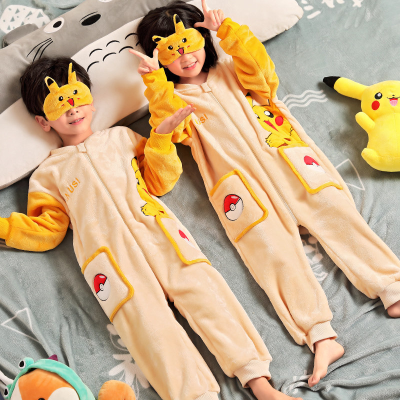 儿童连体睡衣秋冬季法兰绒男童女孩加厚款珊瑚绒防踢被恐龙家居服