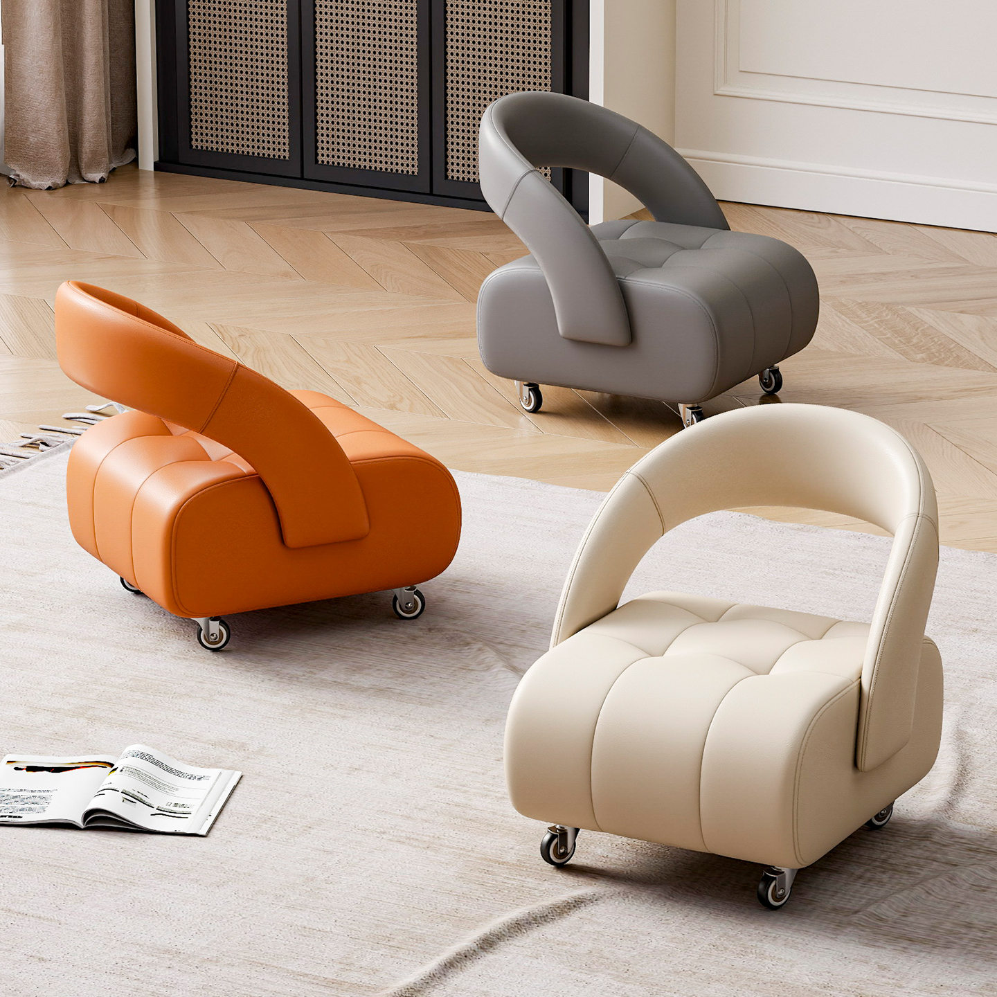 意大利万向轮客厅家用小凳子高级感滑轮静音小板凳沙发凳靠背椅子